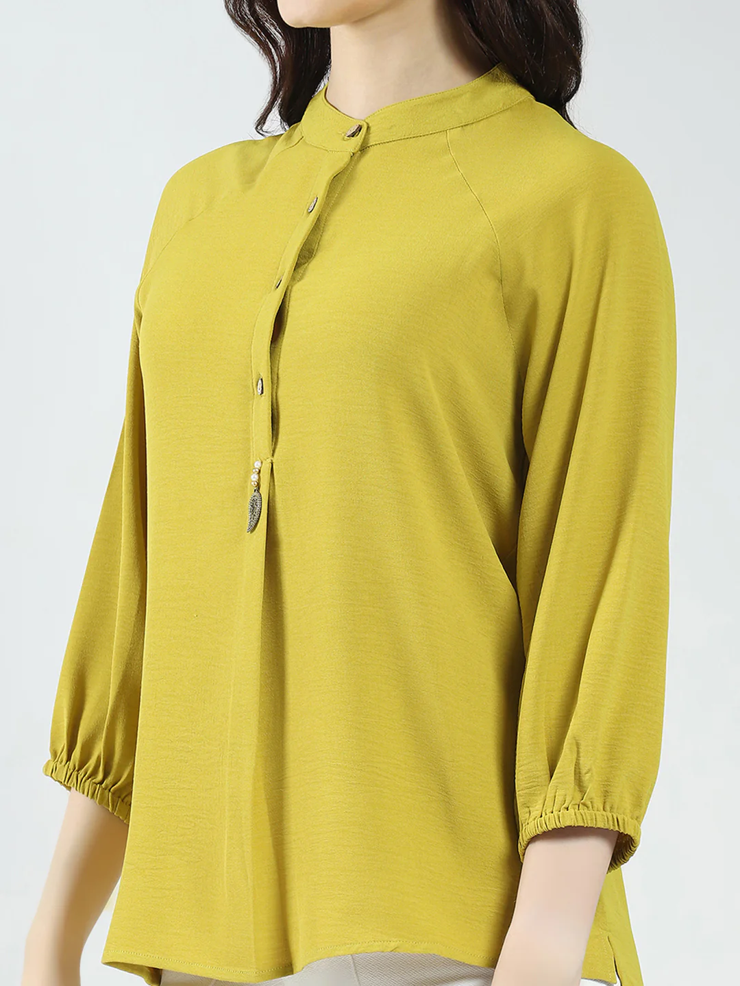Women Mustard Solid Band Neck 3/4th Sleeve Top - Image 7