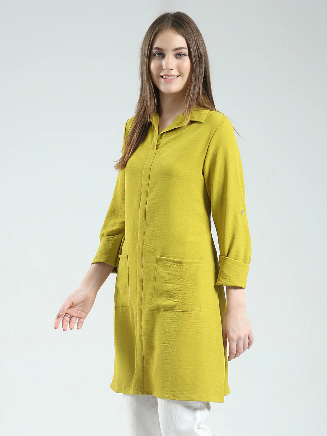 Women Mustard Solid Collar 3/4th Sleeve Tunic - Image 3