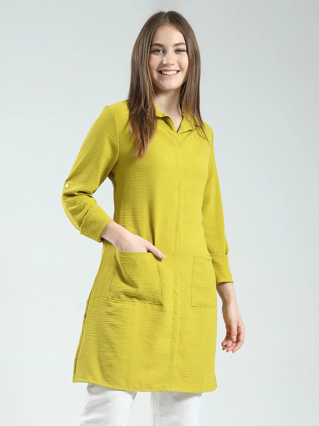Women Mustard Solid Collar 3/4th Sleeve Tunic - Image 4