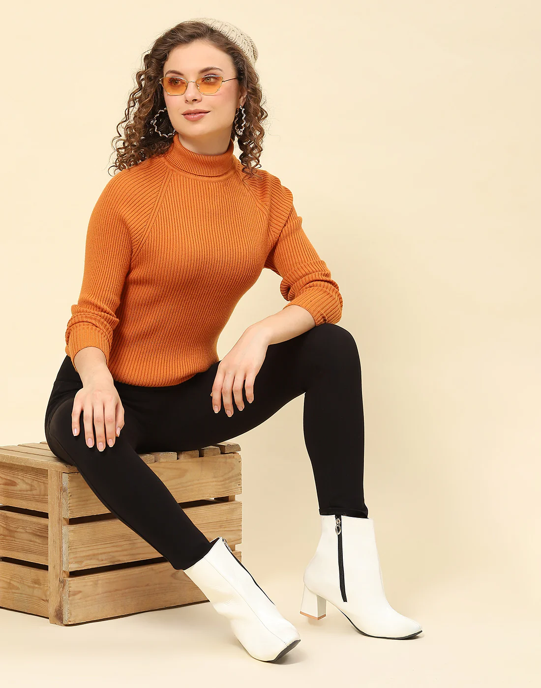 Women Mustard Solid High Neck Full Sleeve Sweater - Image 2