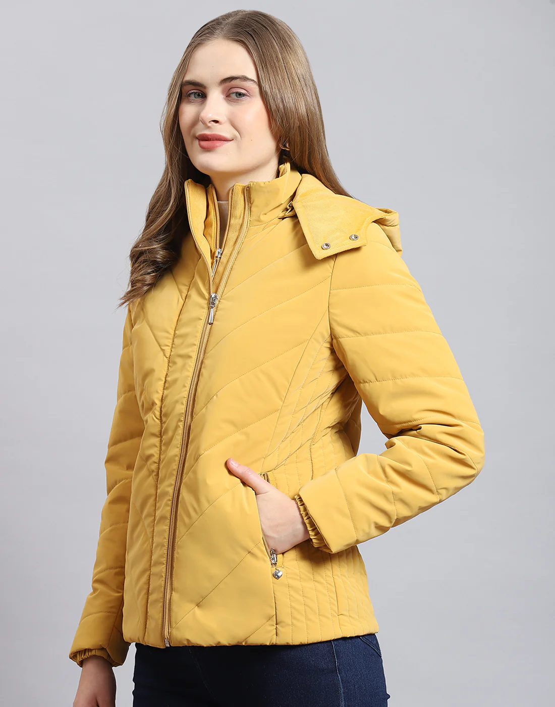 Women Mustard Solid Hooded Full Sleeve Jacket - Image 3