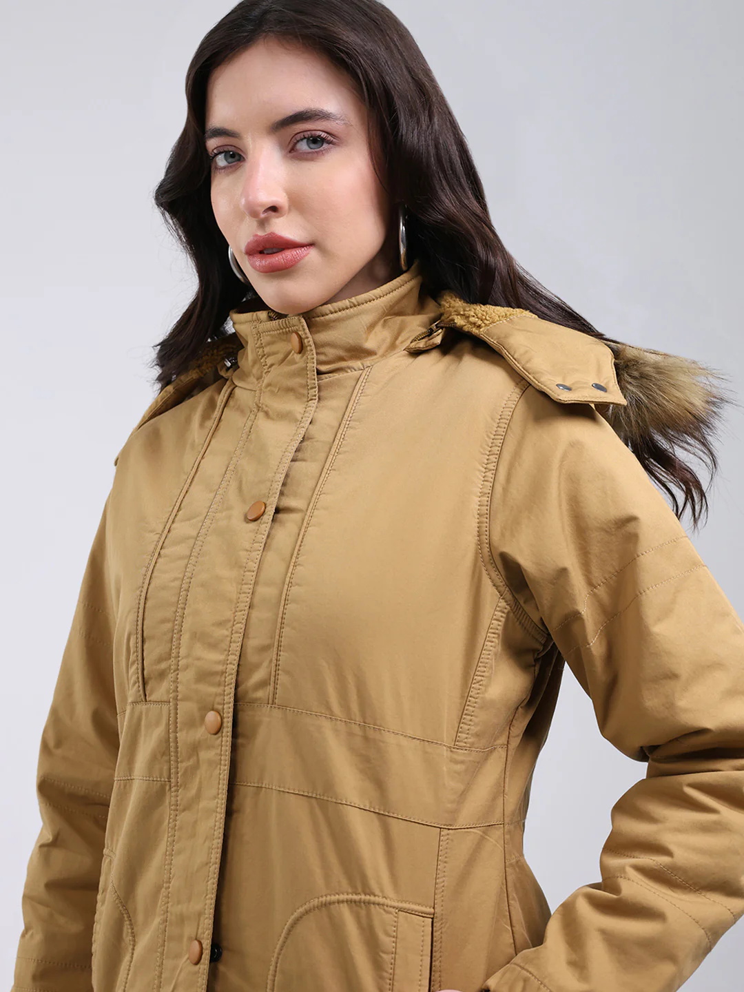 Women Mustard Solid Hooded Full Sleeve Jacket - Image 7