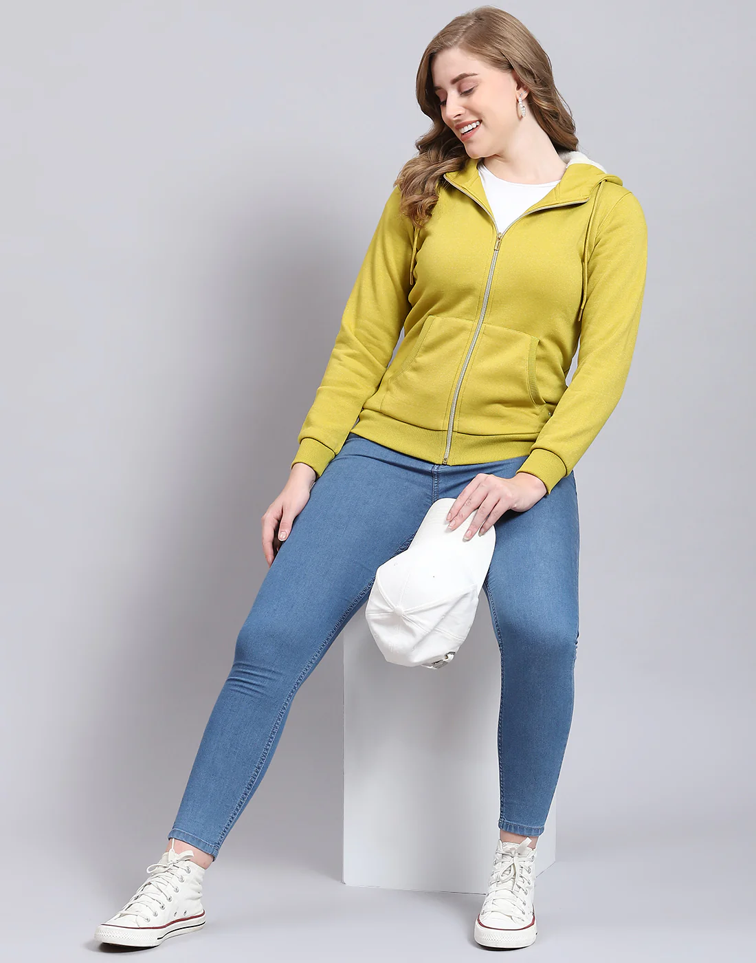 Women Mustard Solid Hooded Full Sleeve Sweatshirt - Image 2