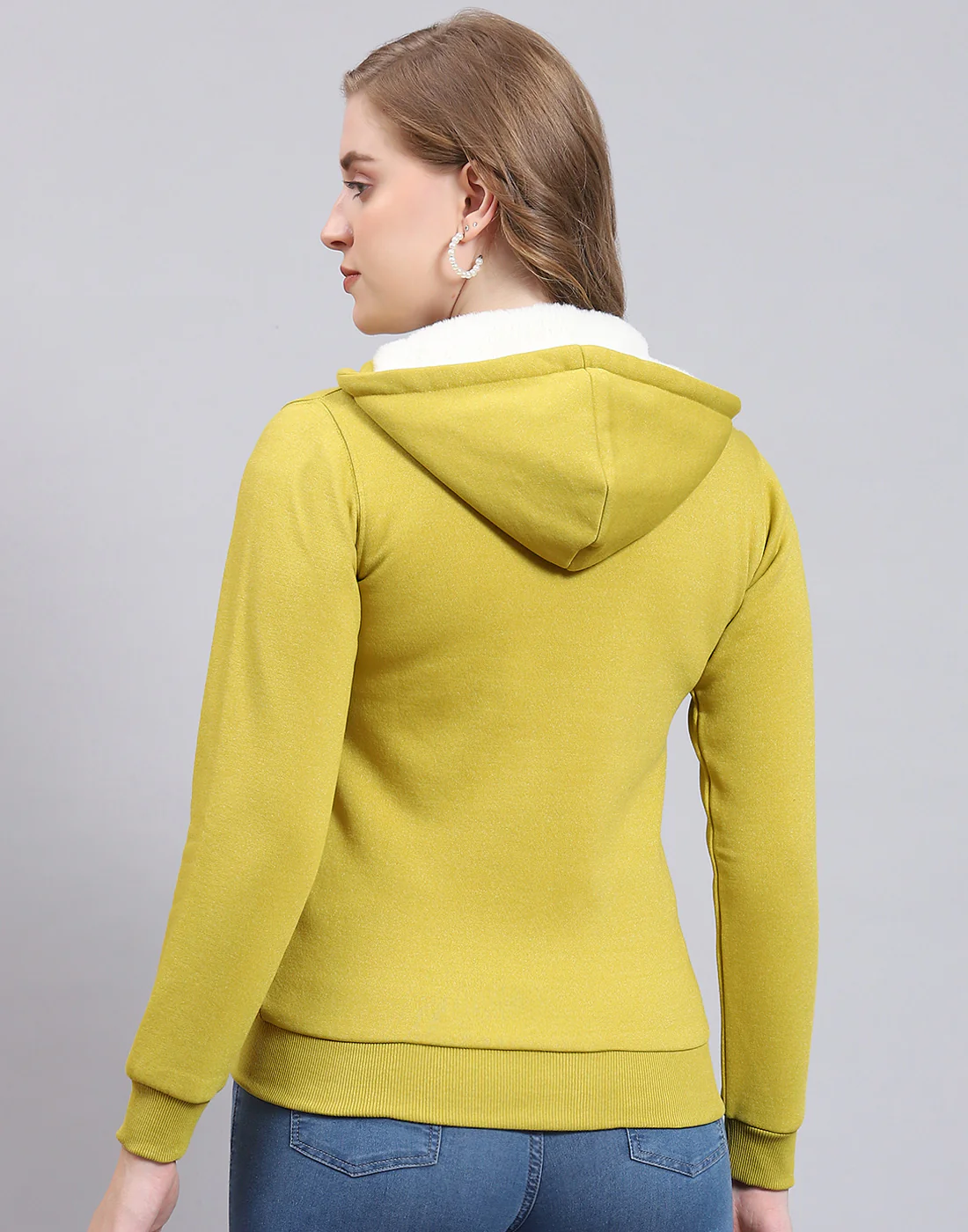 Women Mustard Solid Hooded Full Sleeve Sweatshirt - Image 5