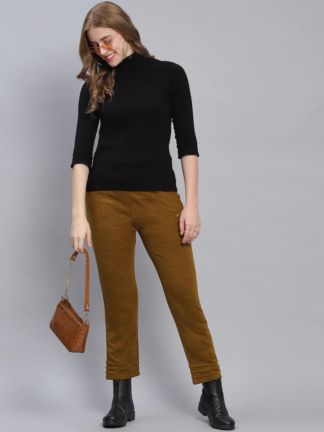 Women Mustard Solid Regular Fit Winter Lowers - Image 2