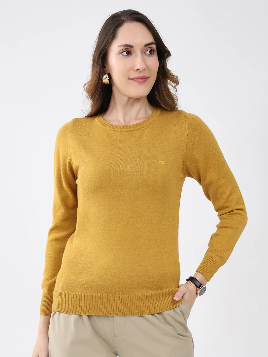 Women Mustard Solid Round Neck Full Sleeve Winter Top