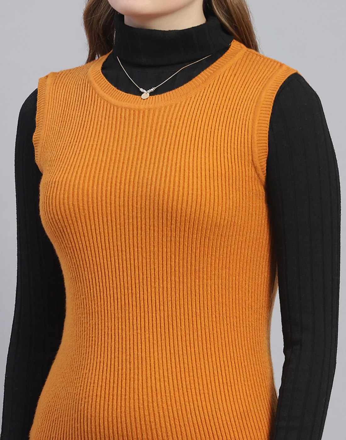 Women Mustard Solid Round Neck Sleeveless Sweater - Image 6