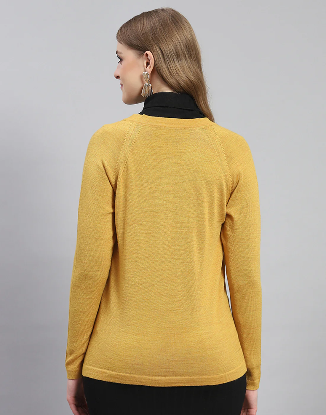 Women Mustard Solid V Neck Full Sleeve Cardigan - Image 5
