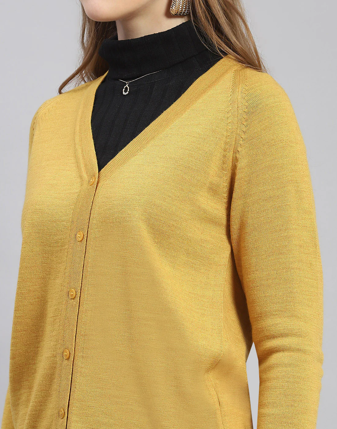 Women Mustard Solid V Neck Full Sleeve Cardigan - Image 6