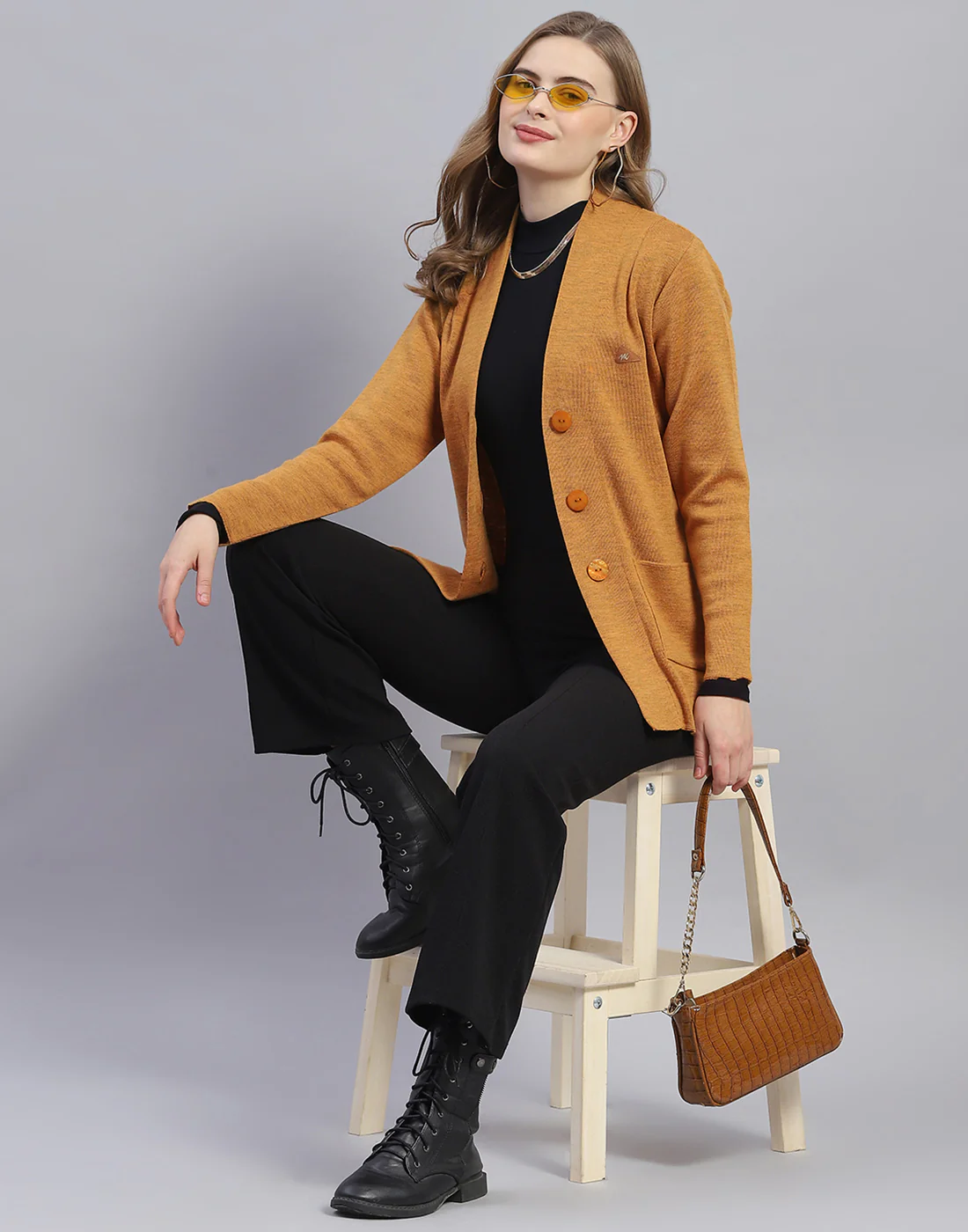 Women Mustard Solid V Neck Full Sleeve Cardigan - Image 2