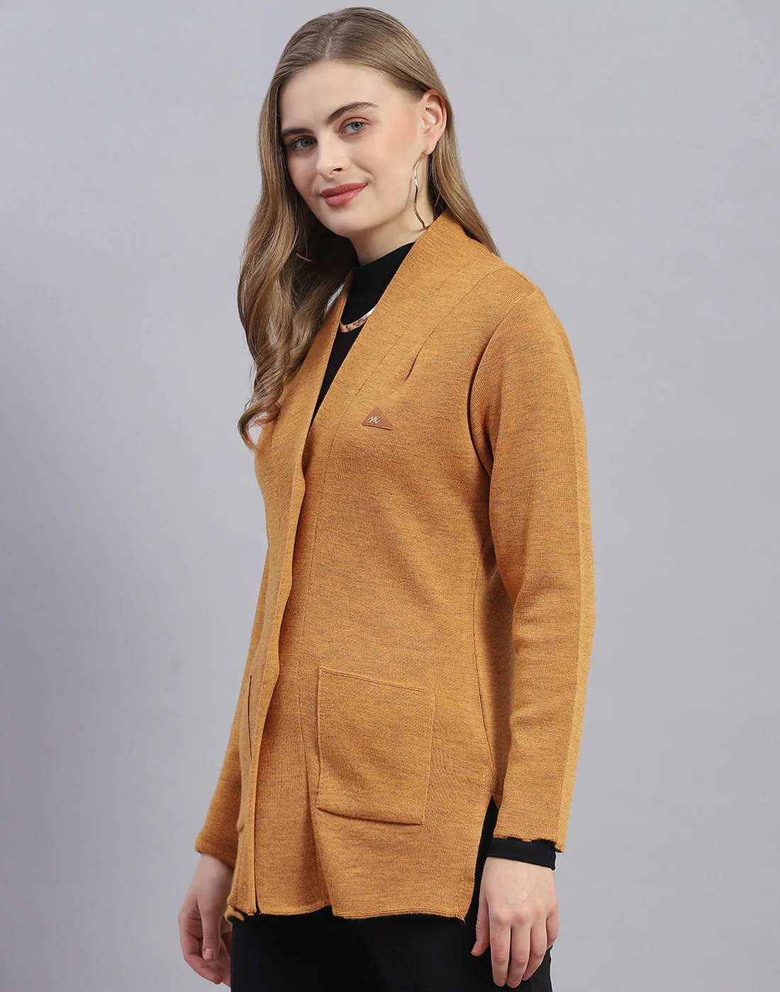 Women Mustard Solid V Neck Full Sleeve Cardigan - Image 4