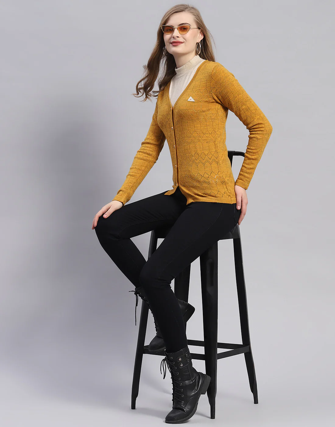 Women Mustard Solid V Neck Full Sleeve Cardigan - Image 2