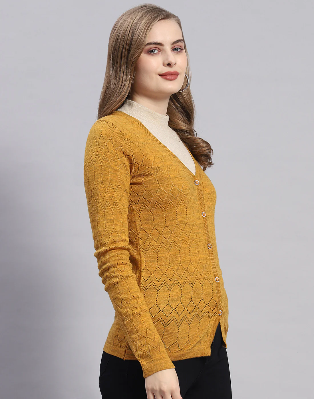 Women Mustard Solid V Neck Full Sleeve Cardigan - Image 4