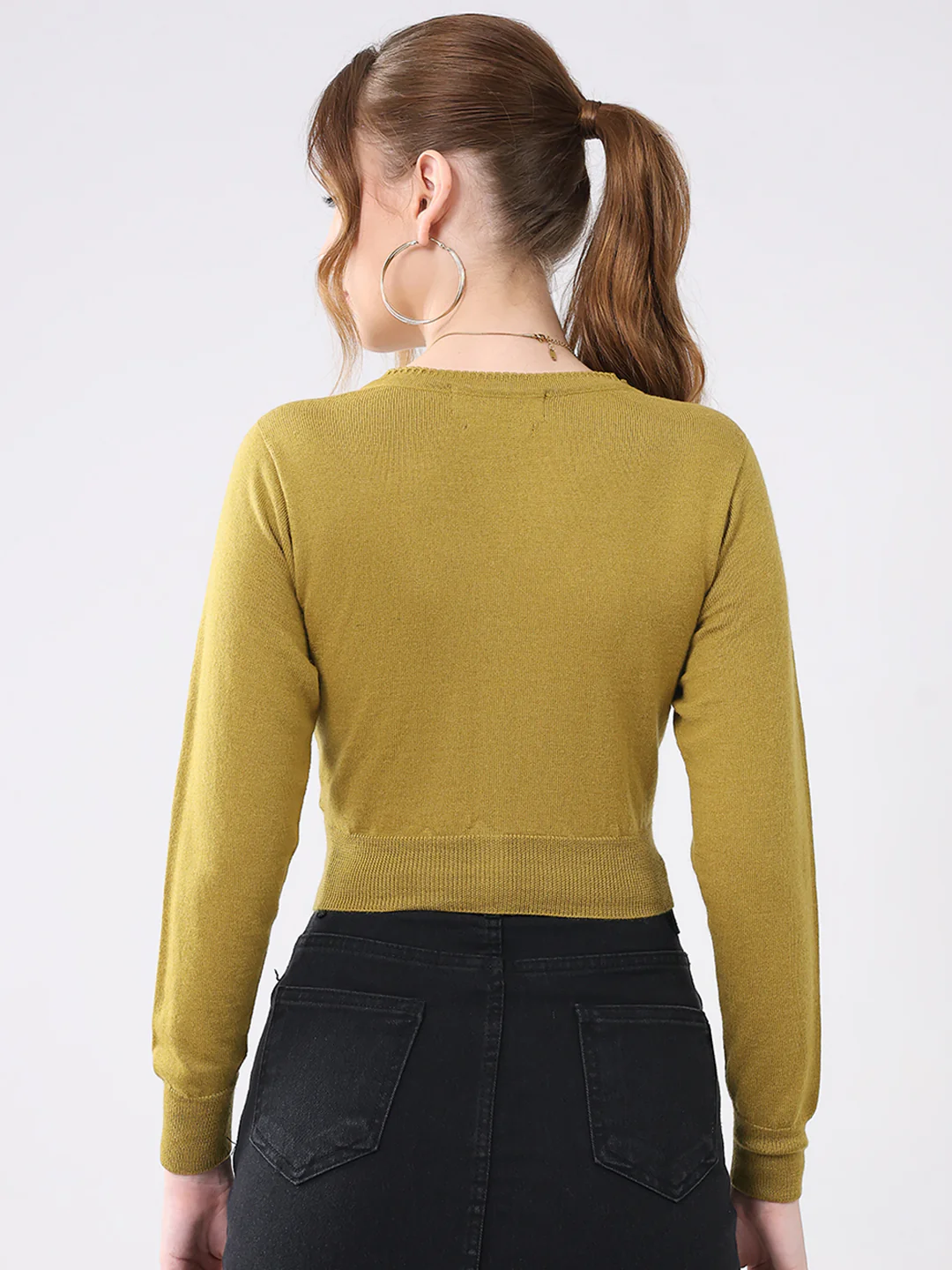 Women Mustard Solid V Neck Full Sleeve Cardigan - Image 5