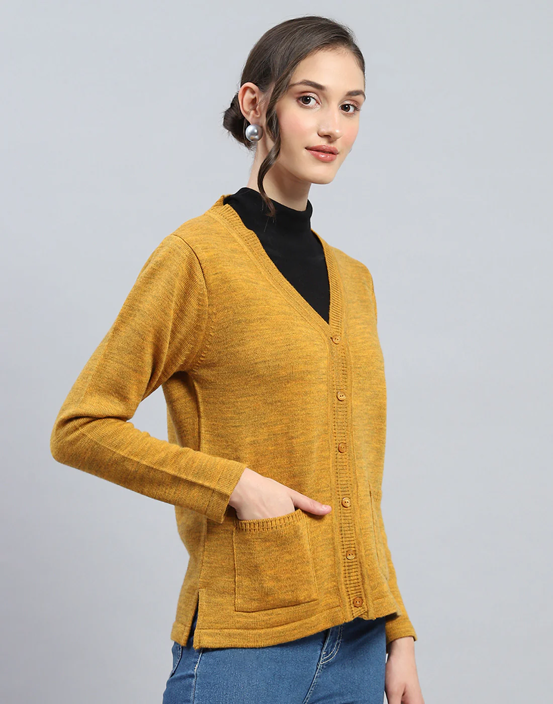 Women Mustard Solid V Neck Full Sleeve Cardigan - Image 4