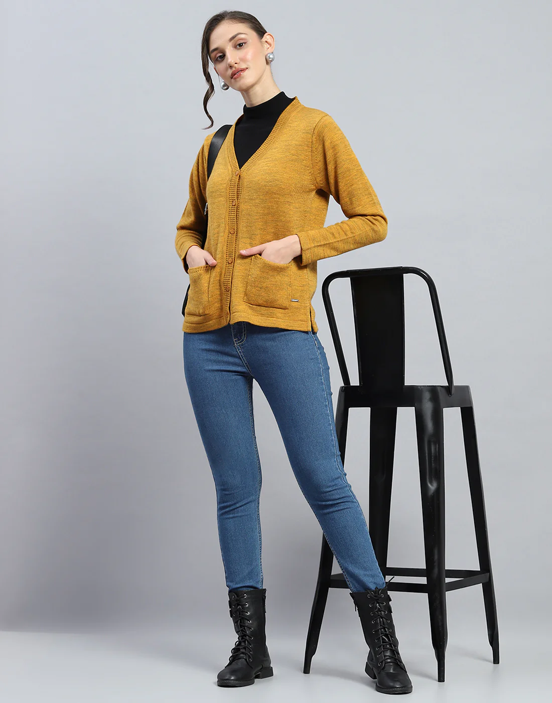 Women Mustard Solid V Neck Full Sleeve Cardigan - Image 6