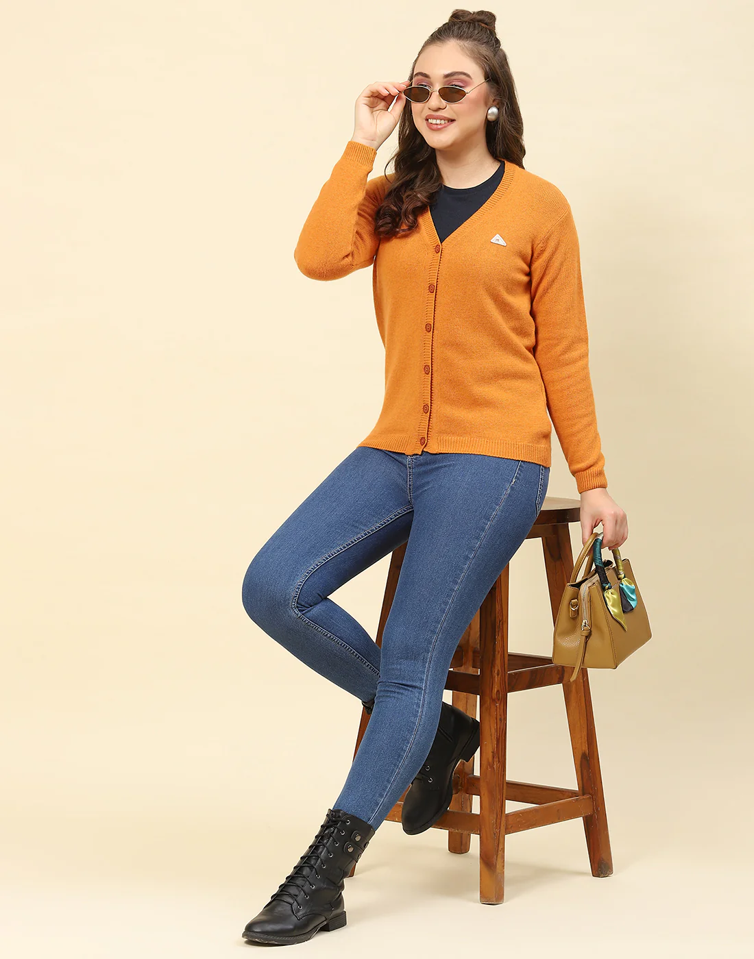 Women Mustard Solid V Neck Full Sleeve Cardigan - Image 2