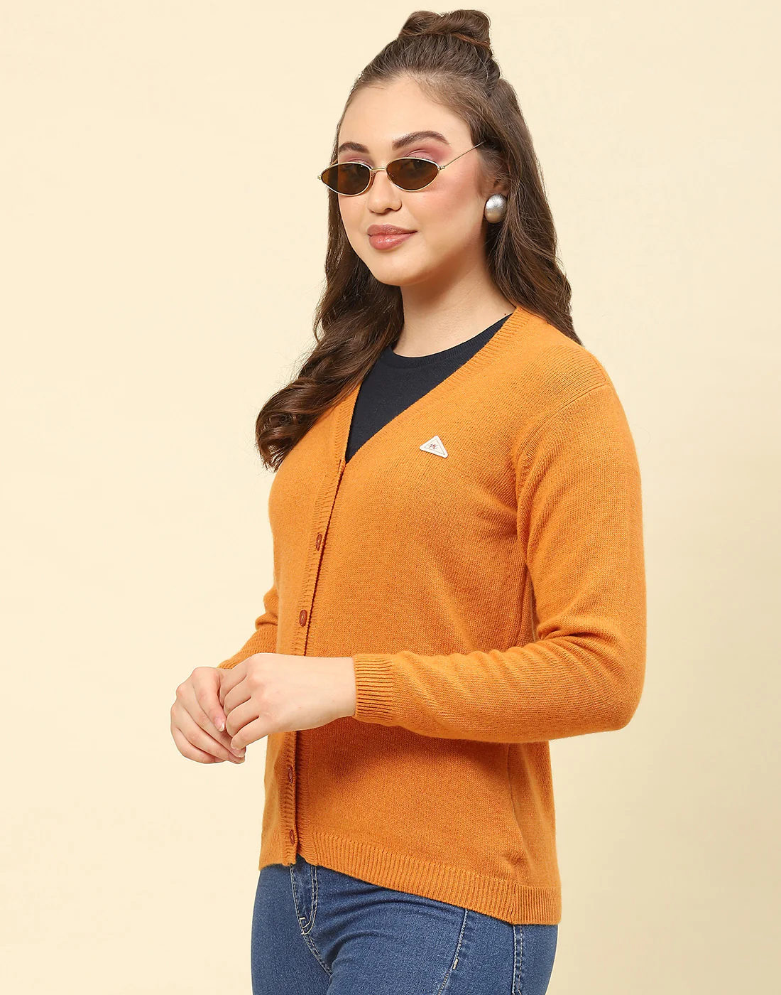 Women Mustard Solid V Neck Full Sleeve Cardigan - Image 3