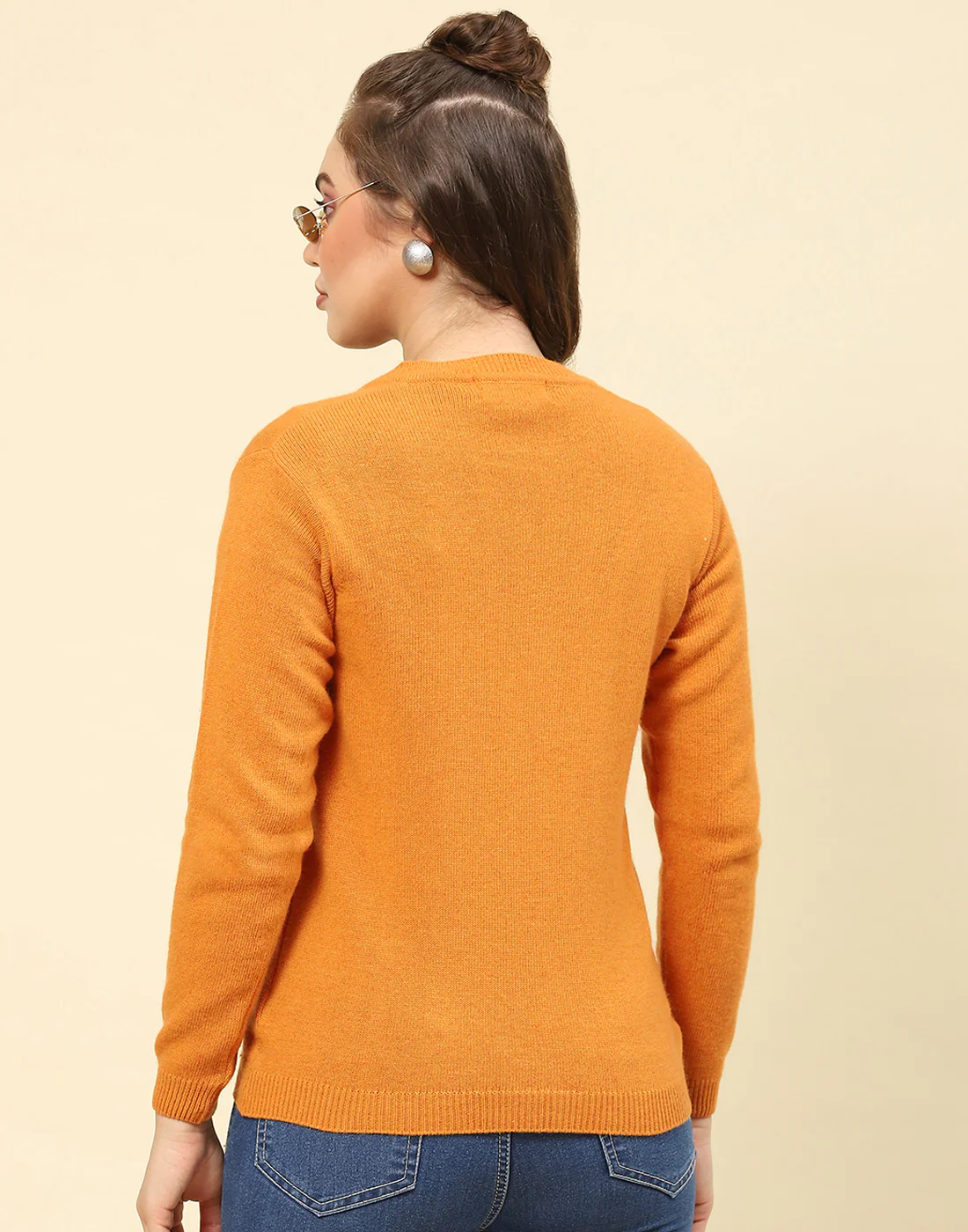 Women Mustard Solid V Neck Full Sleeve Cardigan - Image 5