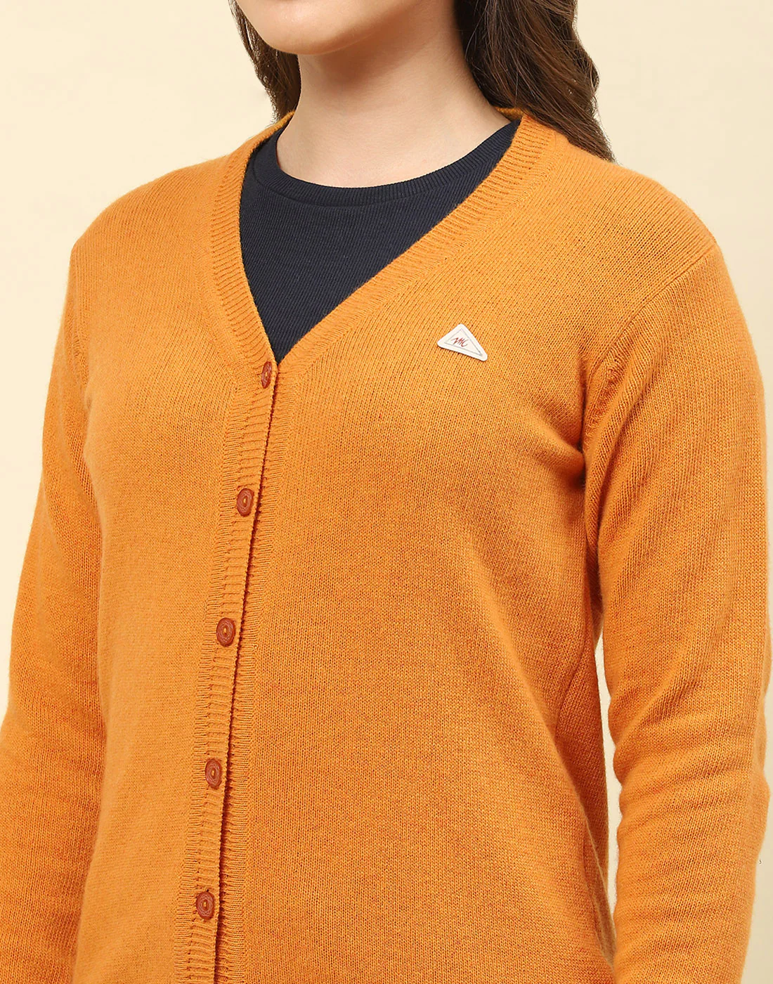 Women Mustard Solid V Neck Full Sleeve Cardigan - Image 6