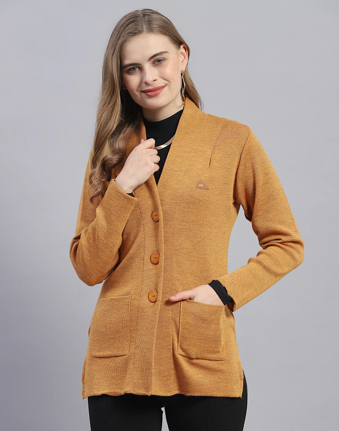 Women Mustard Solid V Neck Full Sleeve Cardigan - Image 2