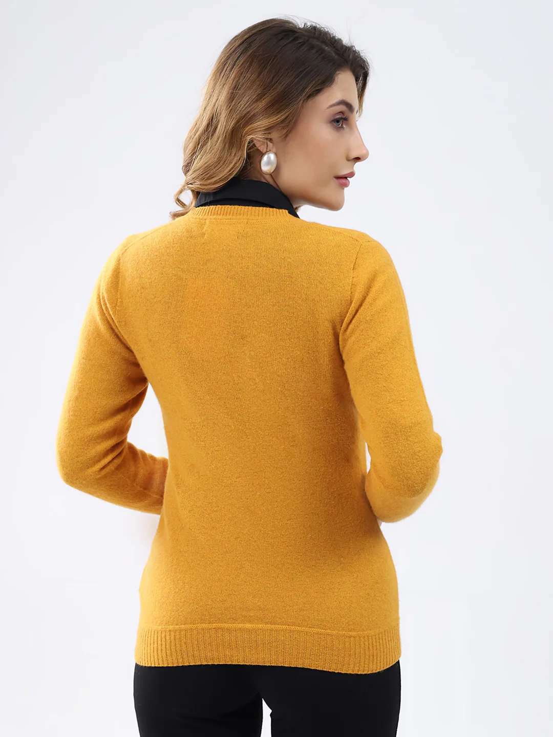 Women Mustard Solid V Neck Full Sleeve Cardigan - Image 5