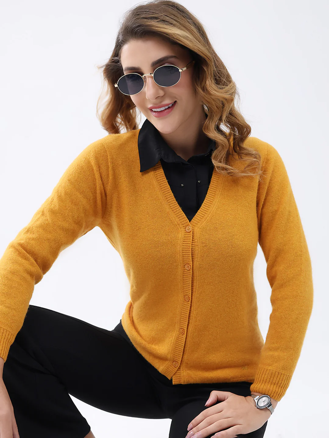 Women Mustard Solid V Neck Full Sleeve Cardigan - Image 6