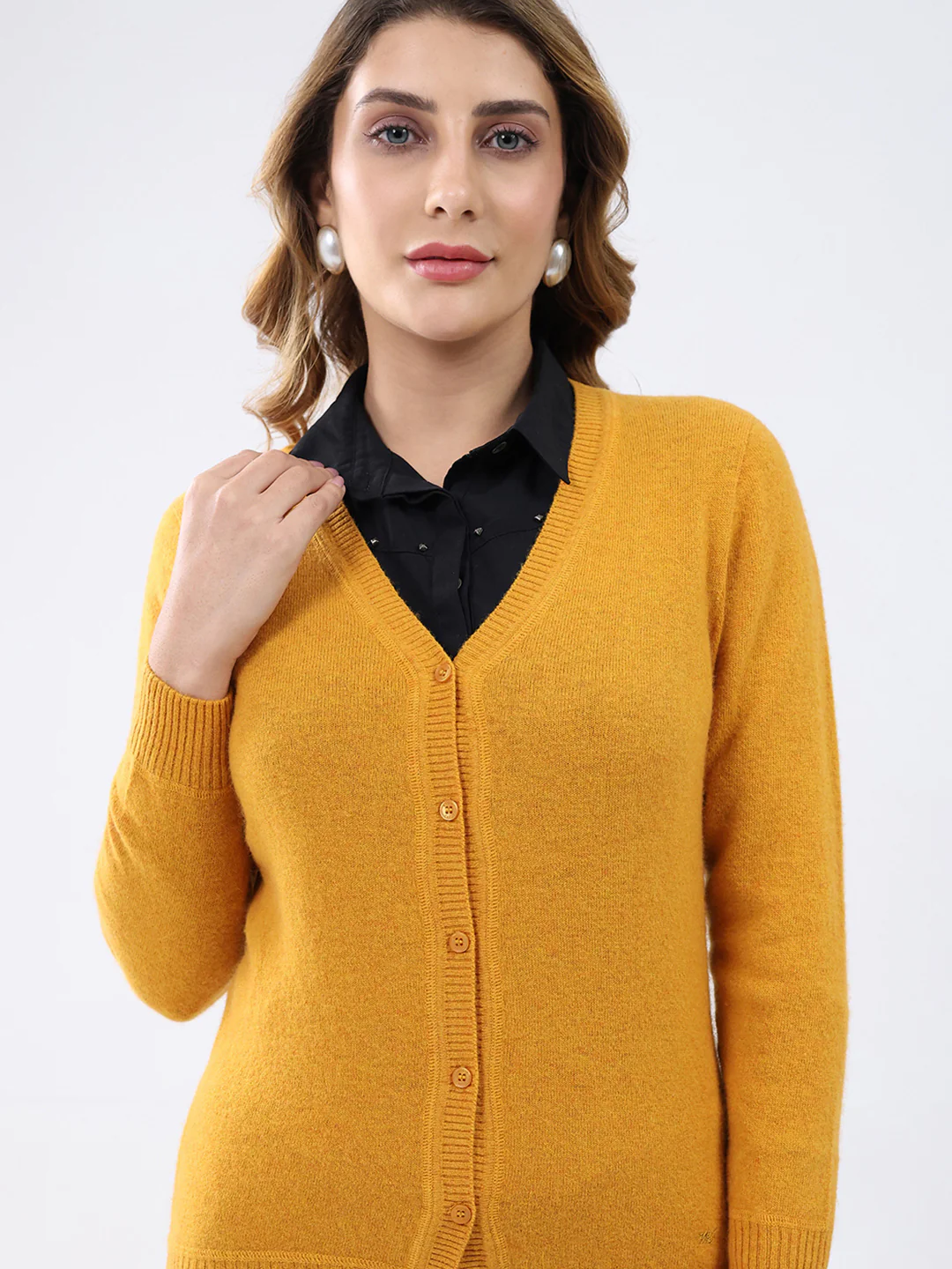 Women Mustard Solid V Neck Full Sleeve Cardigan - Image 7