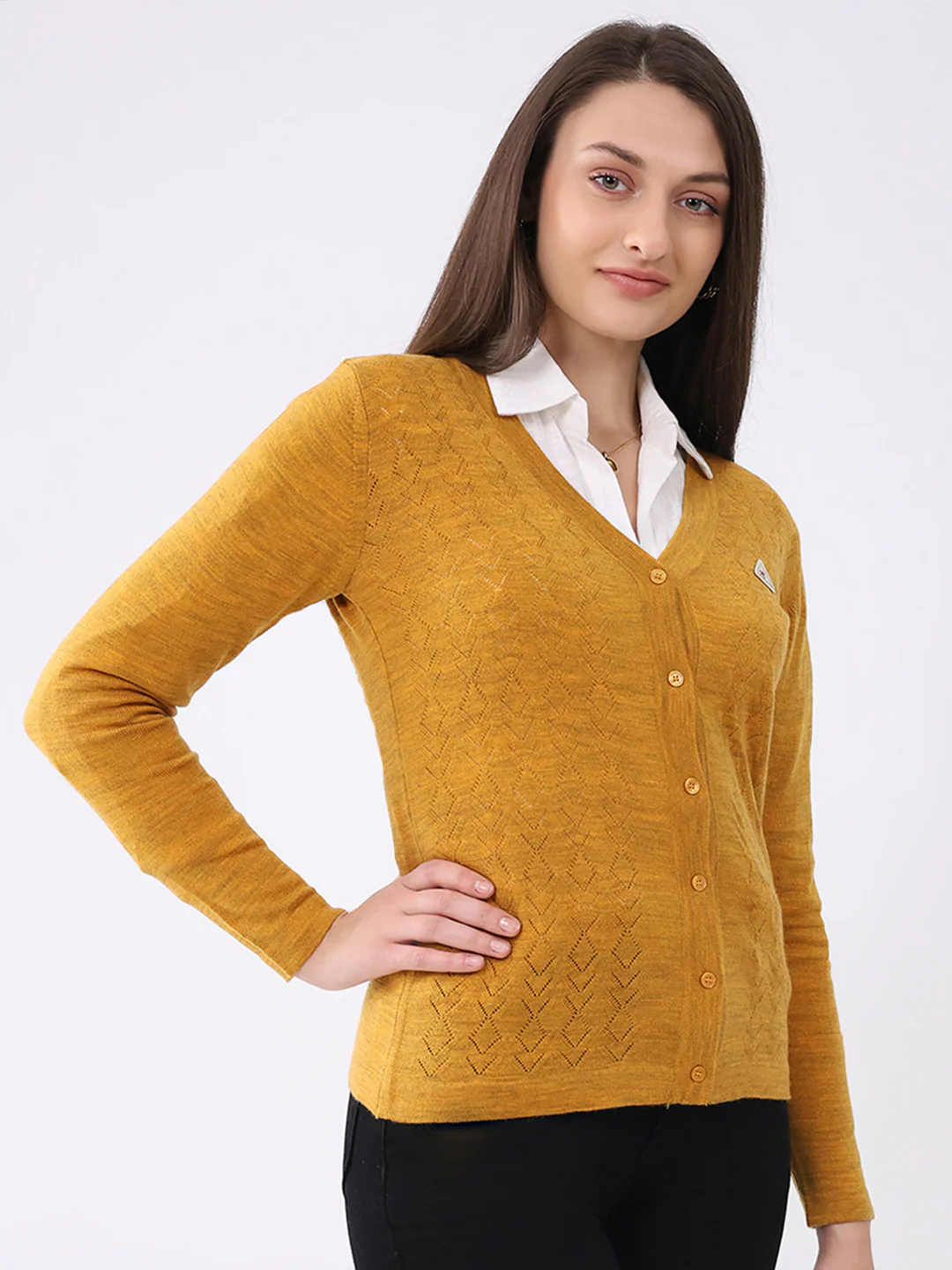 Women Mustard Solid V Neck Full Sleeve Cardigan - Image 4