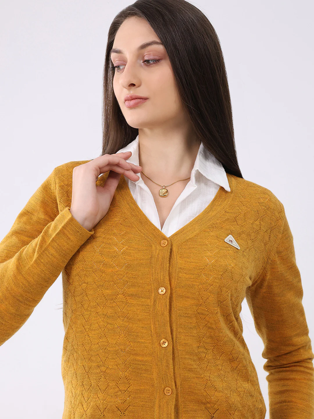 Women Mustard Solid V Neck Full Sleeve Cardigan - Image 6