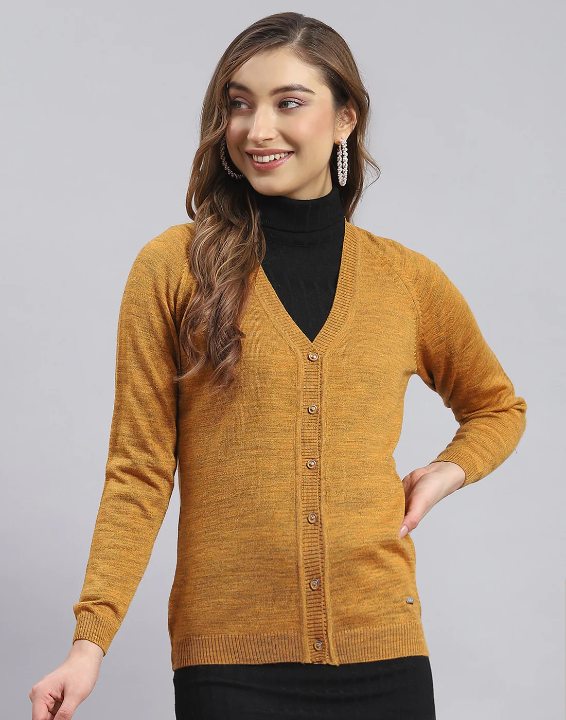 Women Mustard Solid V Neck Full Sleeve Sweater - Image 2