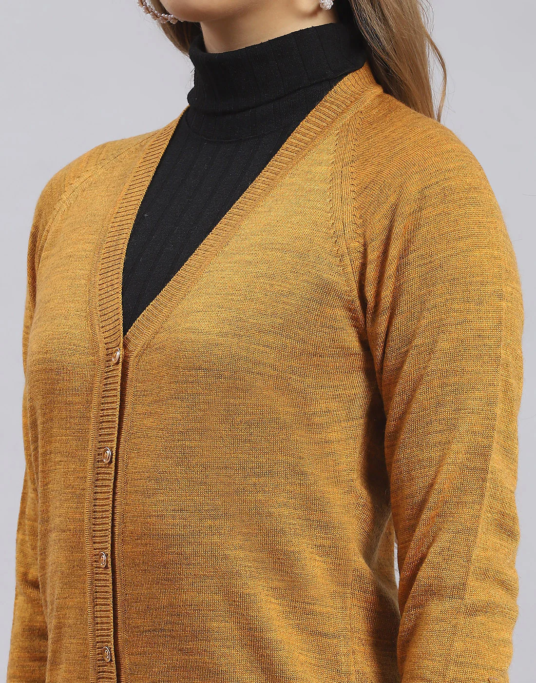 Women Mustard Solid V Neck Full Sleeve Sweater - Image 7