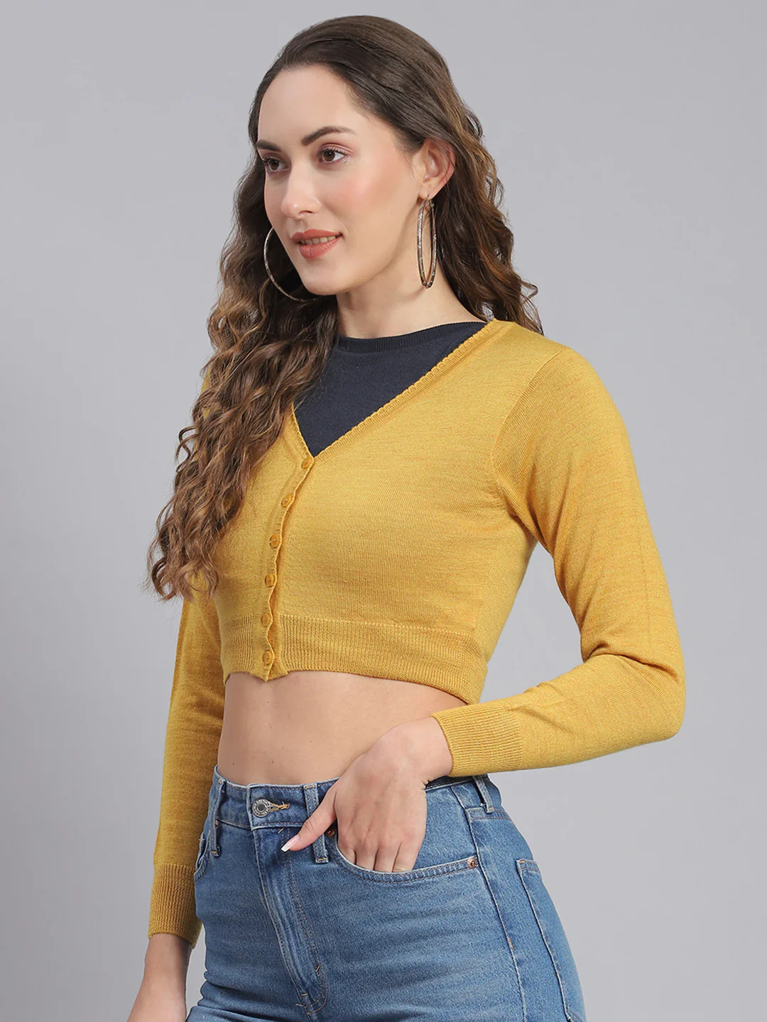 Women Mustard Solid V Neck Full Sleeve Sweater - Image 3