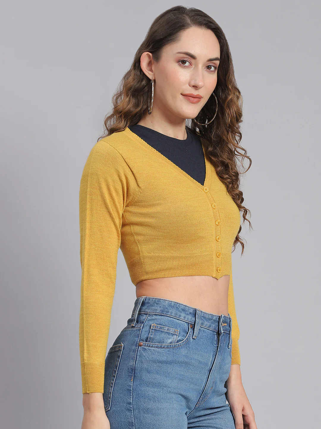 Women Mustard Solid V Neck Full Sleeve Sweater - Image 4