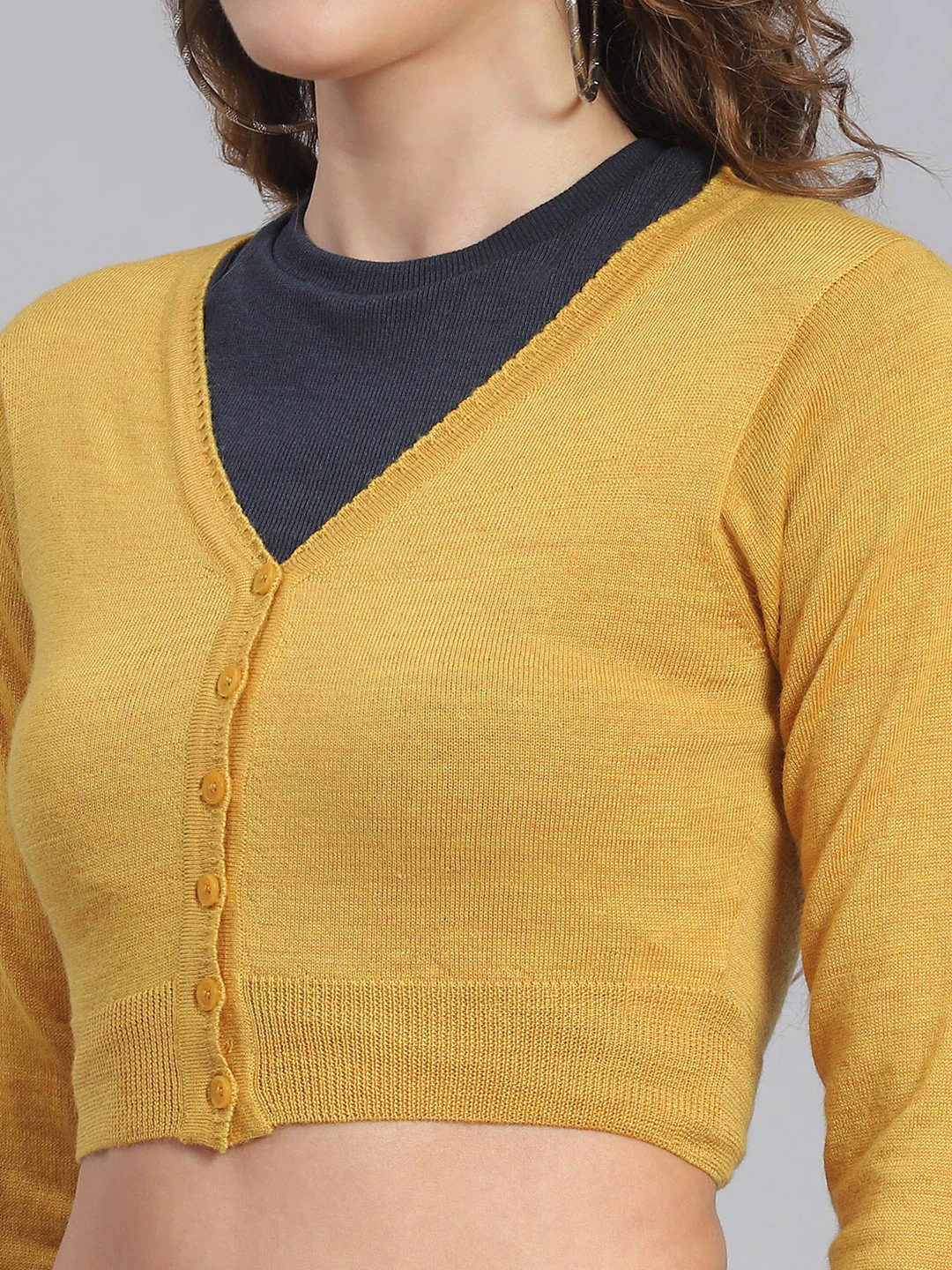 Women Mustard Solid V Neck Full Sleeve Sweater - Image 6