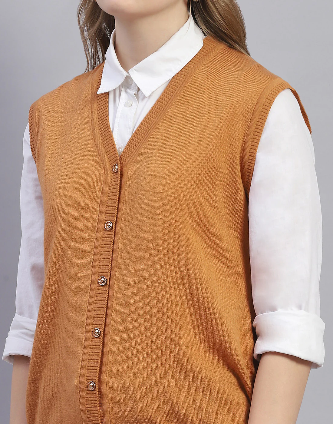 Women Mustard Solid V Neck Sleeveless Cardigan - Image 7