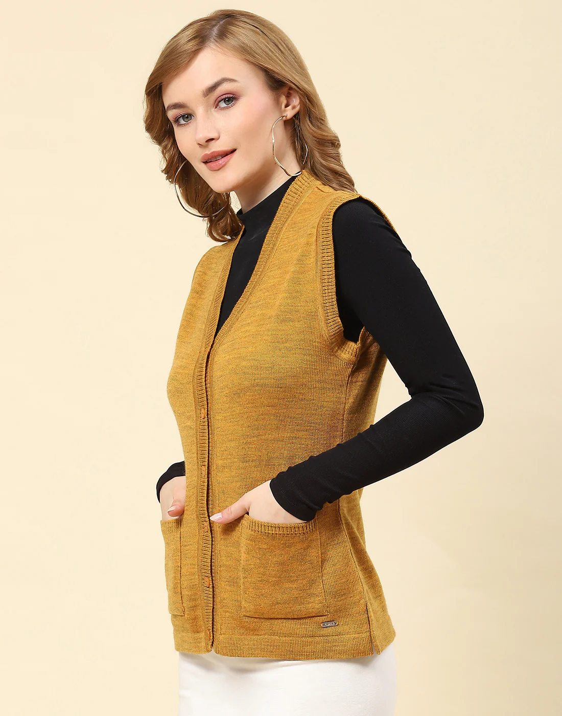 Women Mustard Solid V Neck Sleeveless Cardigan - Image 3