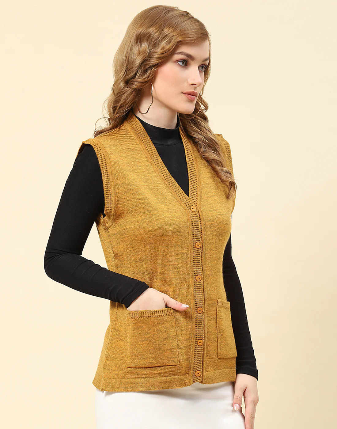 Women Mustard Solid V Neck Sleeveless Cardigan - Image 4