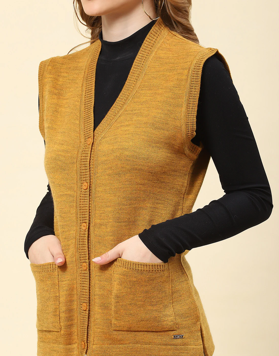 Women Mustard Solid V Neck Sleeveless Cardigan - Image 6