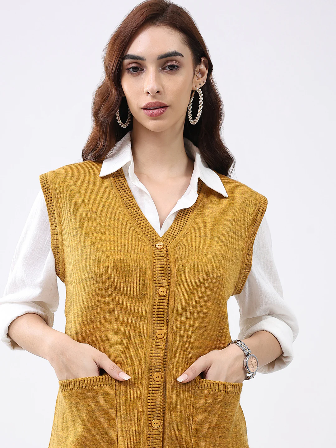 Women Mustard Solid V Neck Sleeveless Cardigan - Image 6