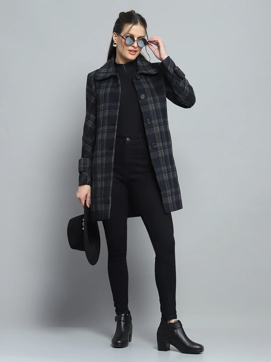 Women Navy Blue Check Collar Full Sleeve Coat - Image 2