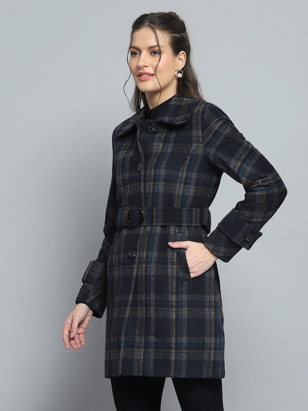 Women Navy Blue Check Collar Full Sleeve Coat - Image 3