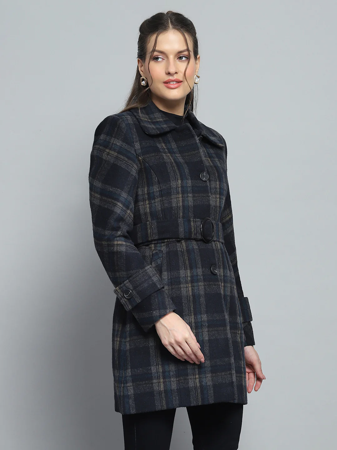 Women Navy Blue Check Collar Full Sleeve Coat - Image 4