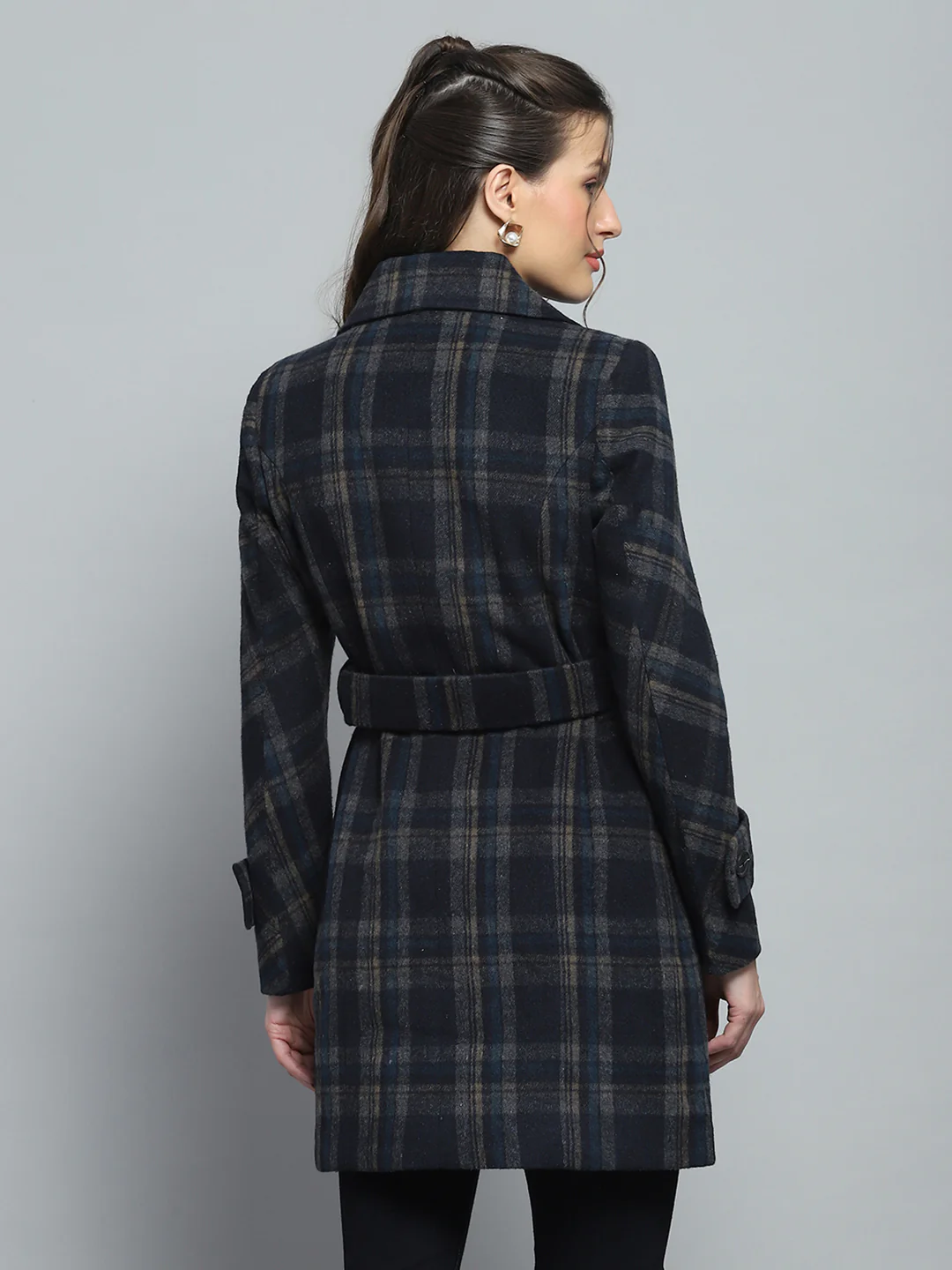 Women Navy Blue Check Collar Full Sleeve Coat - Image 5
