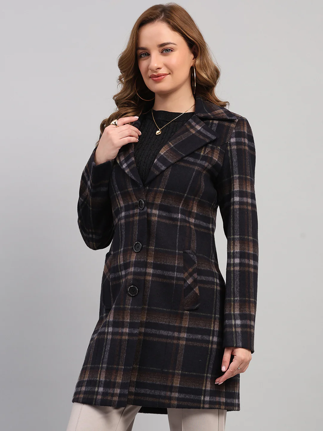 Women Navy Blue Check Collar Full Sleeve Coat - Image 3
