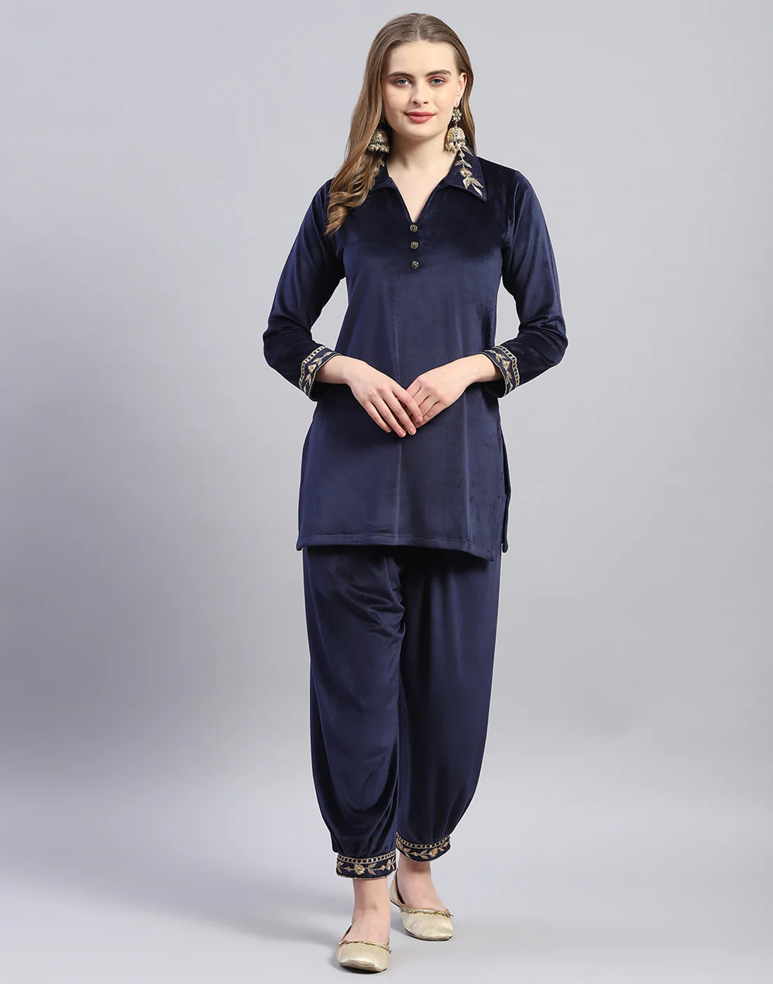 Women Navy Blue Embroidered Collar Full Sleeve Cords Set - Image 2