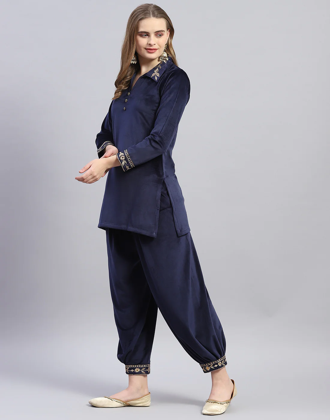 Women Navy Blue Embroidered Collar Full Sleeve Cords Set - Image 3