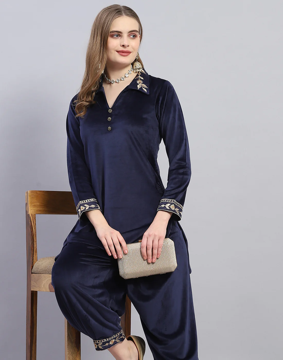 Women Navy Blue Embroidered Collar Full Sleeve Cords Set - Image 6
