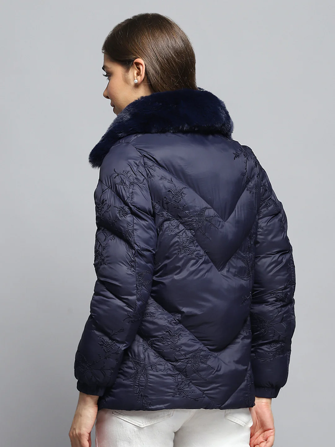 Women Navy Blue Embroidered Collar Full Sleeve Jacket - Image 5