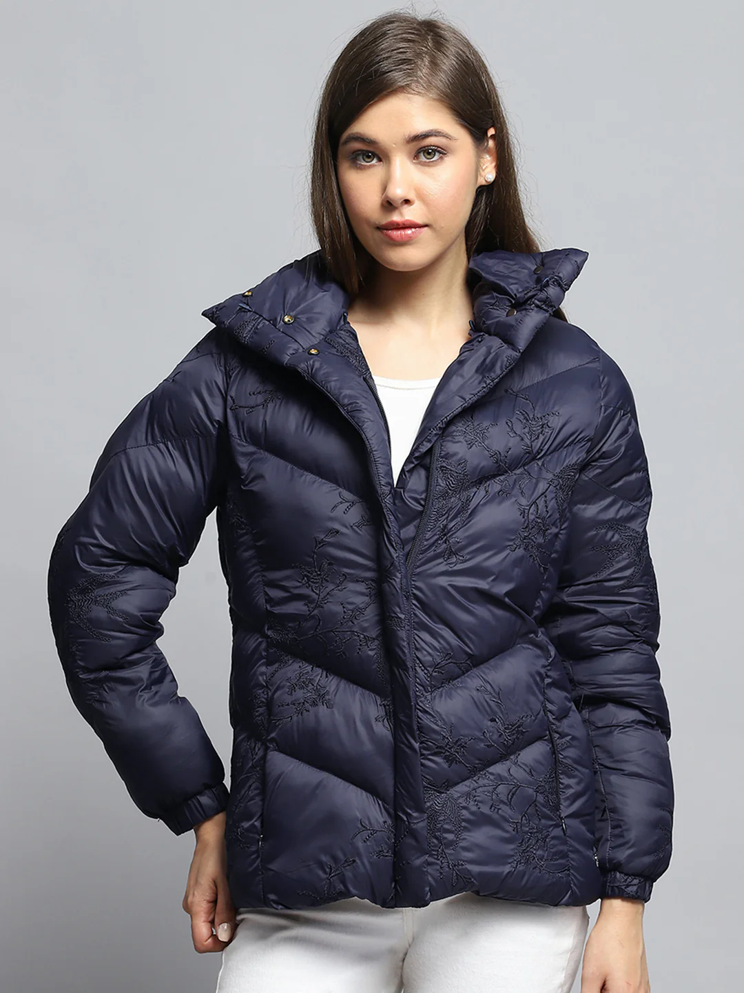 Women Navy Blue Embroidered Collar Full Sleeve Jacket - Image 6